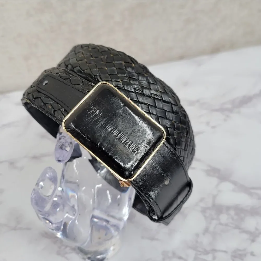 Vintage Belt Woven Black EEL Skin Leather and Gold Toned Buckle Men's Unisex